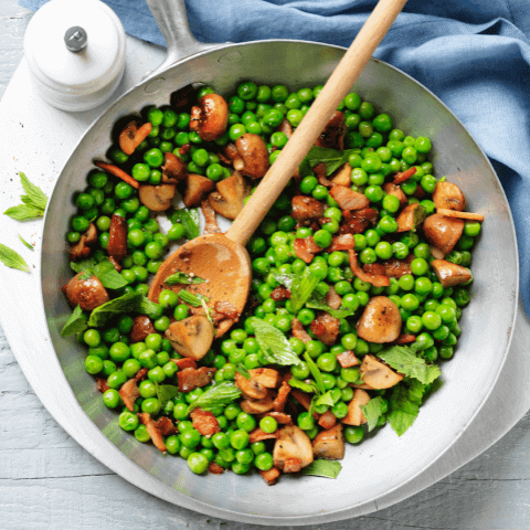 Garden Peas with Bacon, Mushrooms and Mint