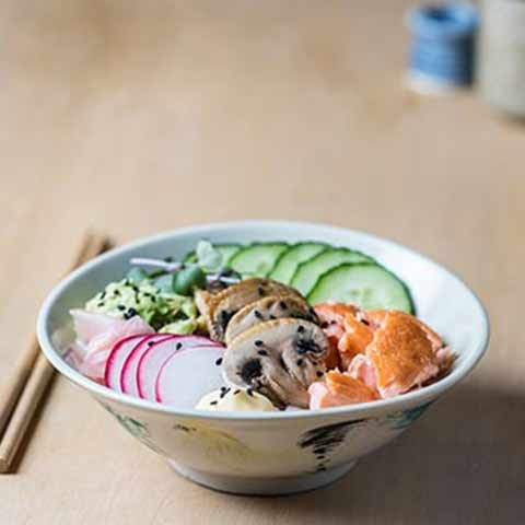 Salmon & Mushroom Sushi Bowl With Wasabi Avocado