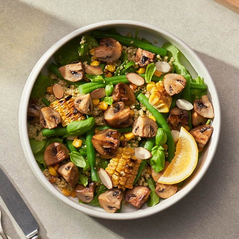Grilled Corn, Mushroom & Green Bean Pesto Quinoa Salad