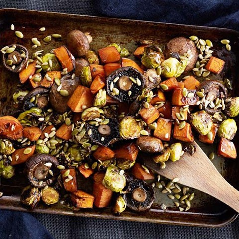 Pan roasted mushroom, pumpkin & Brussels sprouts with seeds