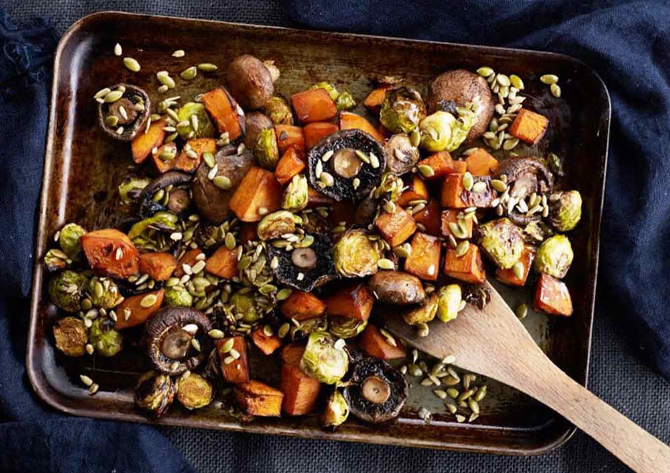 Pan roasted mushroom, pumpkin & Brussels sprouts with seeds