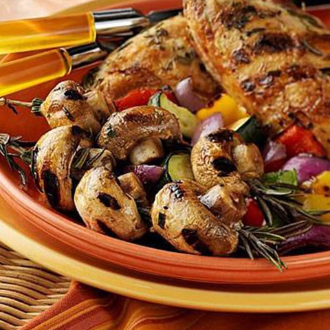 Chicken with Rosemary Mushroom skewers and mixed vegetables